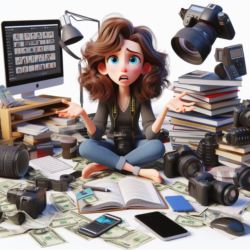 Photographer overwhelmed by business guidance from pre-made courses surrounded by photography equipment and books and bills.